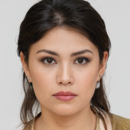 Neutral asian young-adult female with long  brown hair and brown eyes