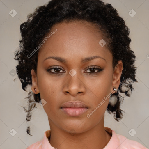 Neutral black young-adult female with medium  brown hair and brown eyes