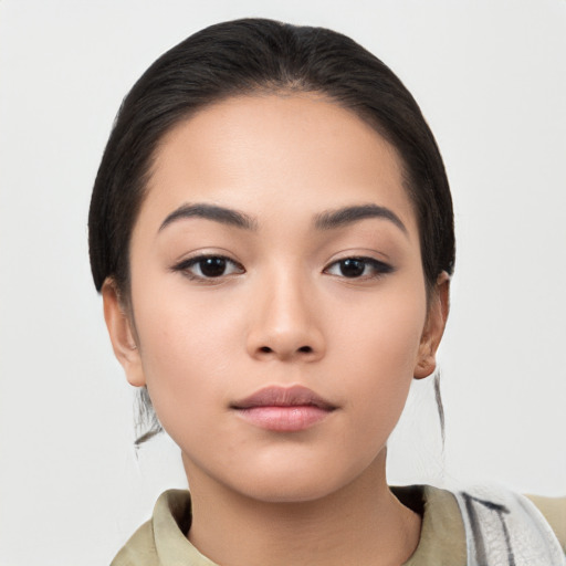 Neutral asian young-adult female with short  black hair and brown eyes