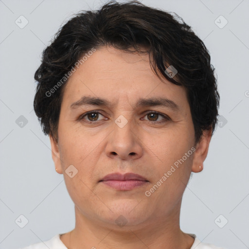 Neutral white adult female with short  brown hair and brown eyes