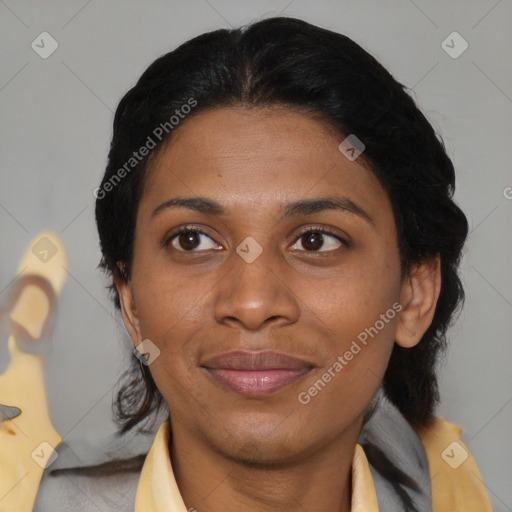 Joyful asian young-adult female with medium  black hair and brown eyes