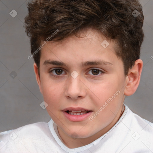 Joyful white child male with short  brown hair and brown eyes