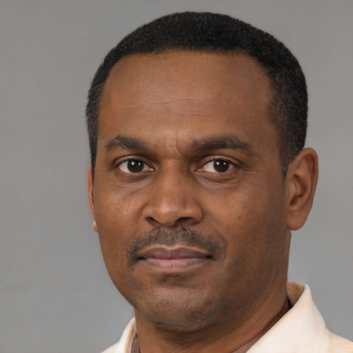 Neutral black adult male with short  black hair and brown eyes
