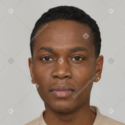 Neutral black young-adult male with short  black hair and brown eyes