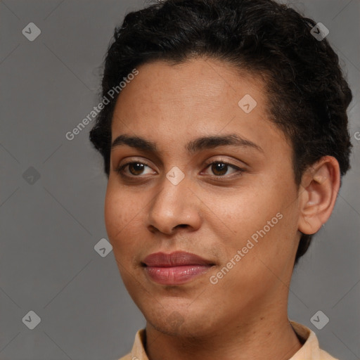 Joyful latino young-adult female with short  brown hair and brown eyes