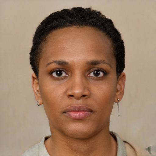 Neutral black young-adult female with short  brown hair and brown eyes