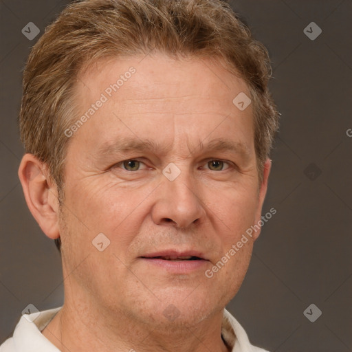 Neutral white middle-aged male with short  brown hair and brown eyes