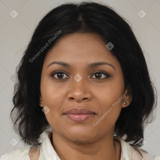 Joyful black young-adult female with medium  brown hair and brown eyes