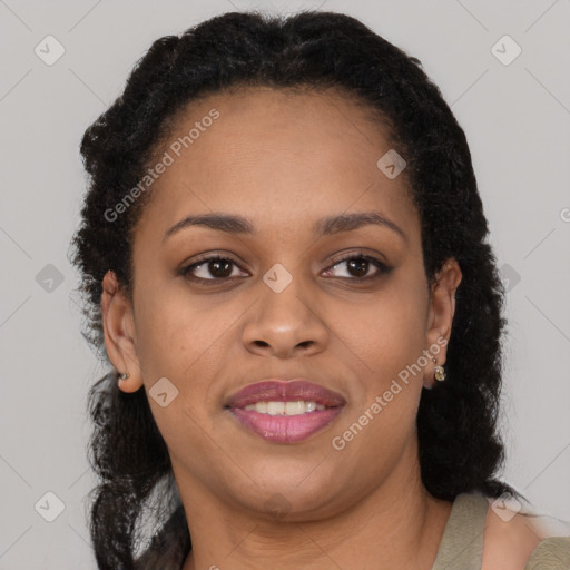 Joyful latino young-adult female with long  brown hair and brown eyes