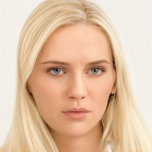 Neutral white young-adult female with long  blond hair and brown eyes