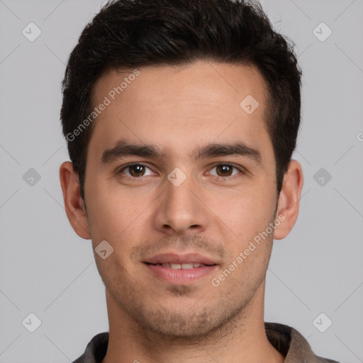 Joyful white young-adult male with short  brown hair and brown eyes