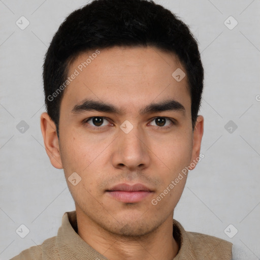 Neutral asian young-adult male with short  brown hair and brown eyes