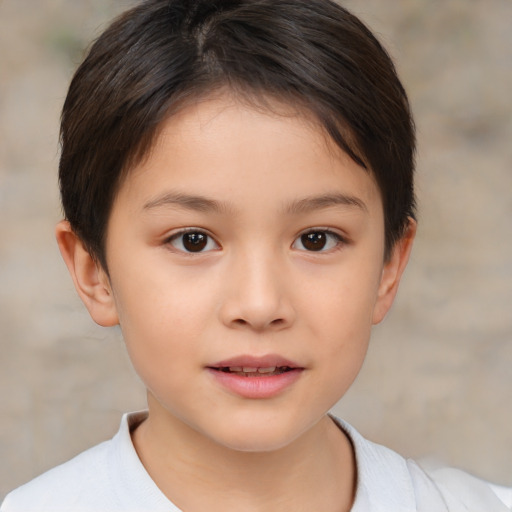 Joyful white child female with medium  brown hair and brown eyes