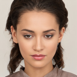 Neutral white young-adult female with medium  brown hair and brown eyes