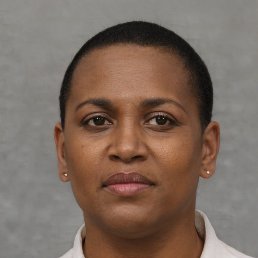 Neutral black young-adult female with short  brown hair and brown eyes
