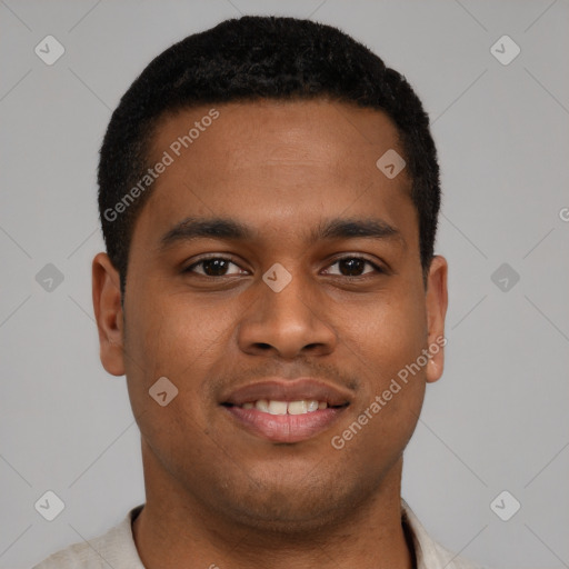 Joyful latino young-adult male with short  brown hair and brown eyes