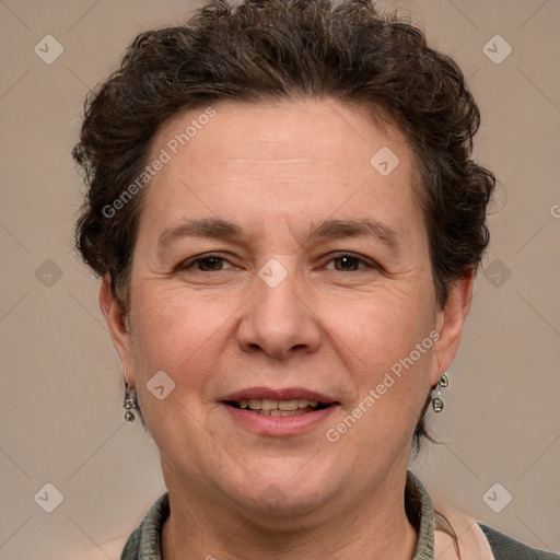 Joyful white adult female with short  brown hair and brown eyes