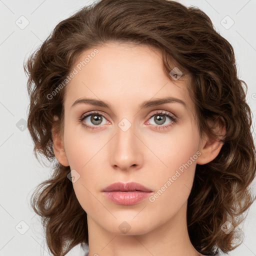 Neutral white young-adult female with medium  brown hair and green eyes