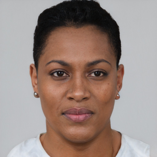 Joyful black young-adult female with short  black hair and brown eyes