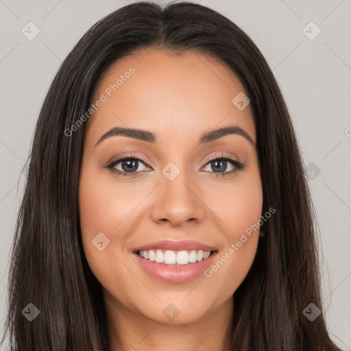 Joyful white young-adult female with long  brown hair and brown eyes