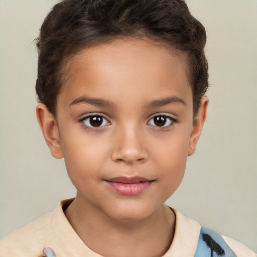 Joyful white child female with short  brown hair and brown eyes