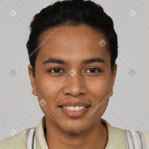 Joyful latino young-adult male with short  black hair and brown eyes