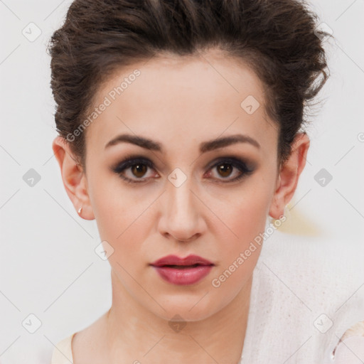 Neutral white young-adult female with short  brown hair and brown eyes