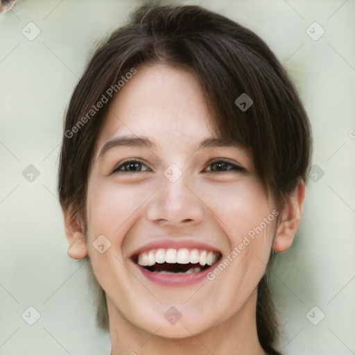 Joyful white young-adult female with medium  brown hair and green eyes