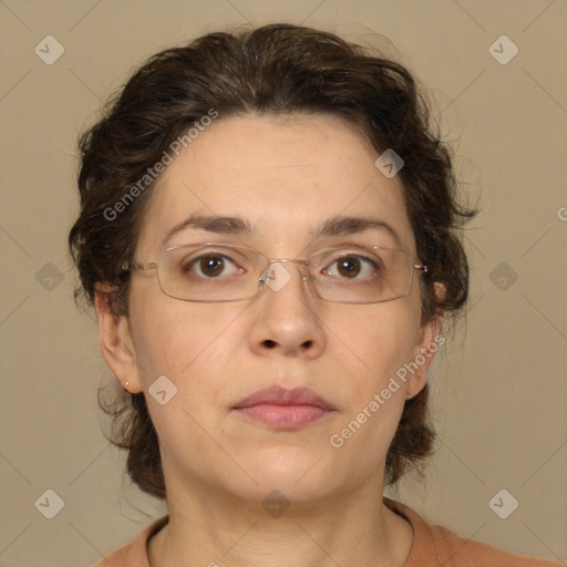 Neutral white adult female with medium  brown hair and brown eyes