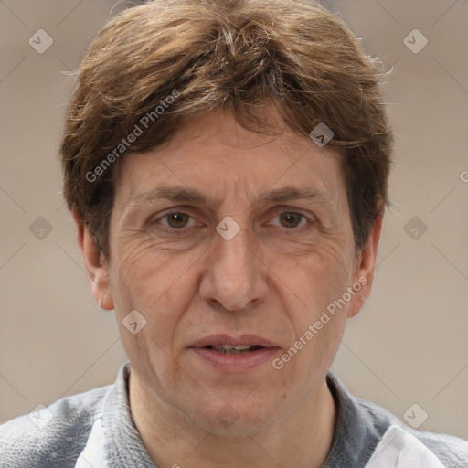 Joyful white middle-aged male with short  brown hair and brown eyes