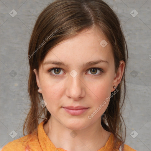 Neutral white young-adult female with medium  brown hair and brown eyes