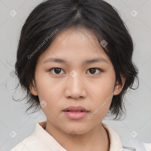 Neutral asian young-adult female with medium  brown hair and brown eyes