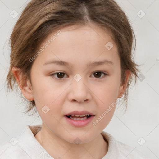 Joyful white child female with medium  brown hair and brown eyes