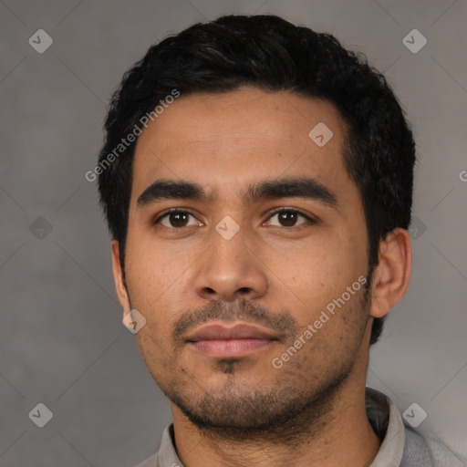 Neutral latino young-adult male with short  black hair and brown eyes