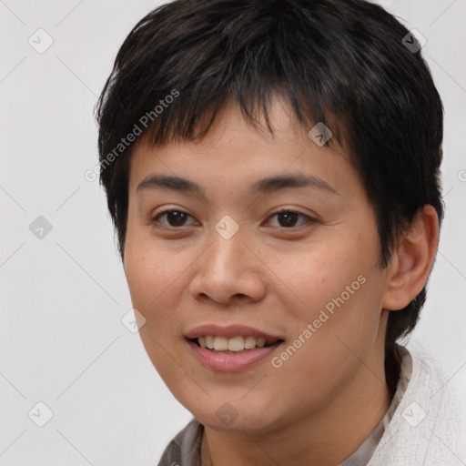 Joyful asian young-adult female with short  brown hair and brown eyes