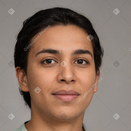 Joyful latino young-adult female with short  brown hair and brown eyes