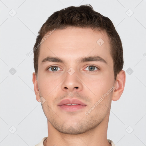 Neutral white young-adult male with short  brown hair and brown eyes