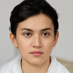 Neutral white young-adult female with short  brown hair and brown eyes