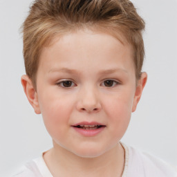 Joyful white child female with short  brown hair and brown eyes