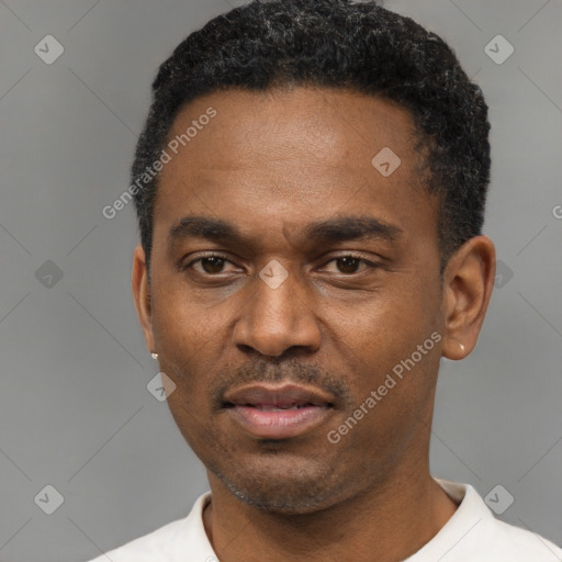 Neutral latino adult male with short  black hair and brown eyes