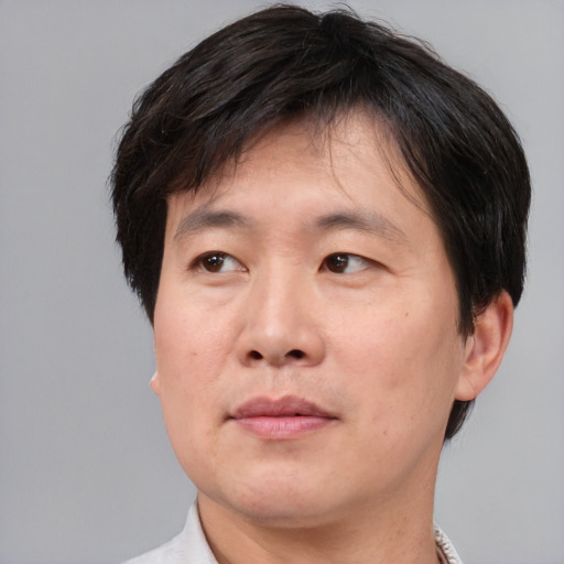 Neutral asian adult male with short  brown hair and brown eyes