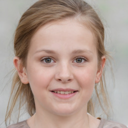 Joyful white child female with medium  brown hair and blue eyes