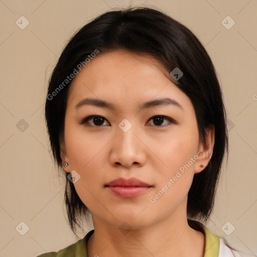 Neutral asian young-adult female with medium  black hair and brown eyes