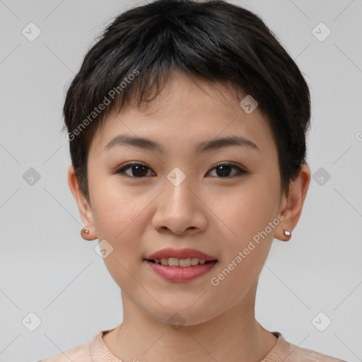 Joyful asian young-adult female with short  brown hair and brown eyes