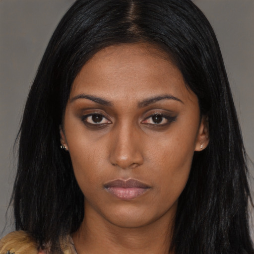 Neutral asian young-adult female with long  brown hair and brown eyes