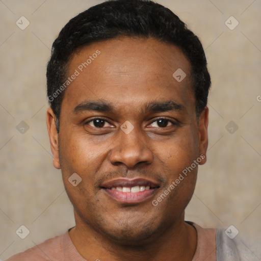 Joyful black young-adult male with short  black hair and brown eyes