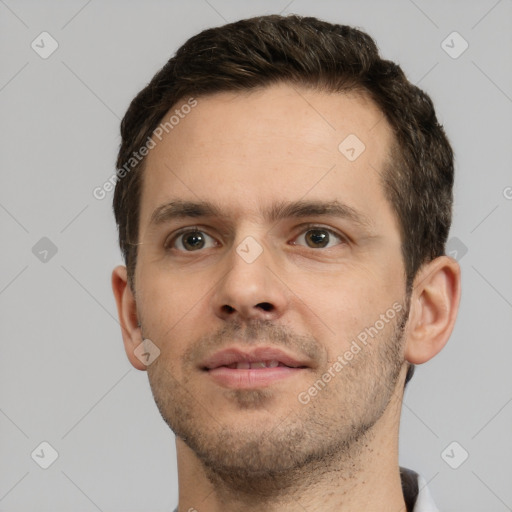 Neutral white young-adult male with short  brown hair and brown eyes