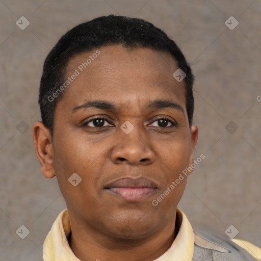 Joyful black young-adult male with short  black hair and brown eyes