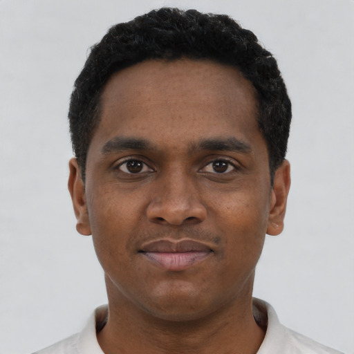 Neutral black young-adult male with short  black hair and brown eyes