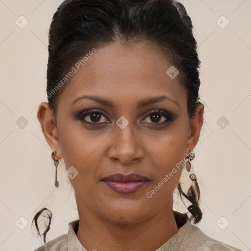 Joyful black young-adult female with medium  brown hair and brown eyes